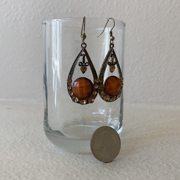 Vintage Metal and Orange Stone and Crystal Drop Earrings - Picture 8 of 11